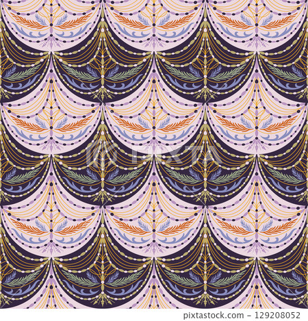 Vintage ornamental vector seamless pattern. Elegant symmetrical damask repeat tile in dark purple lilac shades. Decorative classic abstract detailed background design for luxury decor, wallpaper  129208052