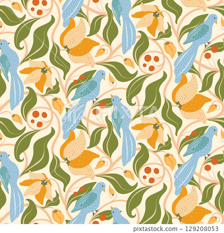 Birds and flowers vector seamless pattern. Elegant tropical botanical repeat tile. Blue birds, blooming flowers, leaves, berries, floral veins on pastel background. Colorful enchanted garden print 129208053