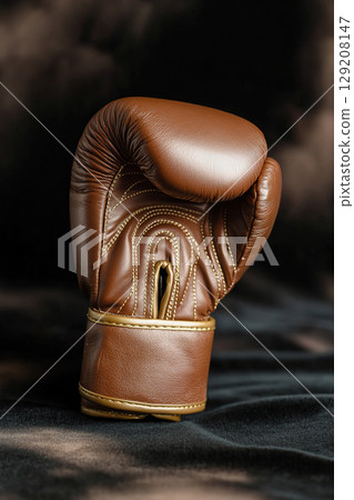 A stunning leather boxing glove features embossed gold detailing, showcasing craftsmanship against a rich dark velvet backdrop, illuminated by soft studio lighting for an opulent appearance 129208147