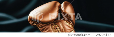A premium leather boxing glove with embossed gold detailing is displayed against a dark velvet background. Soft studio lighting enhances its rich texture, showcasing a blend of luxury and athleticism 129208148