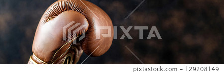 Luxurious leather boxing glove showcases intricate embossed gold detail, resting on a dark velvet surface illuminated with soft studio lighting, creating an elegant atmosphere 129208149