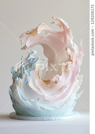 This beautifully crafted cake showcases fluid brush strokes in pastel colors. Soft pinks and blues blend harmoniously, enhanced by elegant gold leaf accents, creating an artistic centerpiece 129208172