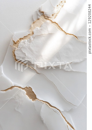 This aesthetic backdrop showcases a soft beige or white surface with delicate gold foil accents and textured layering, perfect for luxury fashion or skincare displays This aesthetic backdrop showcases a soft beige or white surface with delicate gold foil accents and textured layering, perfect for luxury fashion or skincare displays 129208244