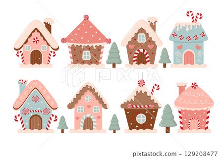 Christmas Gingerbread Candy Houses set. Pastel candy biscuit houses. Vector flat cartoon illustration Christmas Gingerbread Candy Houses set. Pastel candy biscuit houses. Vector flat cartoon illustration 129208477