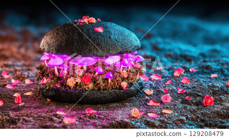 Surreal dark fantasy burger made of black charcoal buns, glowing purple mushrooms, enchanted forest moss, crimson petals, and magical ingredients Surreal dark fantasy burger made of black charcoal buns, glowing purple mushrooms, enchanted forest moss, crimson petals, and magical ingredients 129208479