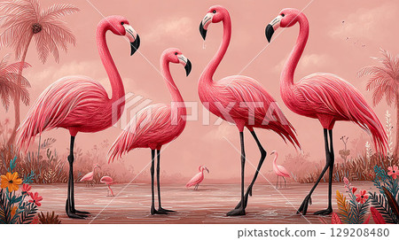 A flock of pink flamingos among palm trees and flowers on pink background A flock of pink flamingos among palm trees and flowers on pink background 129208480