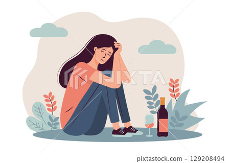 Sad woman sitting on the ground with bottle and glass of wine. Alcohol abuse, addiction, depression concept Sad woman sitting on the ground with bottle and glass of wine. Alcohol abuse, addiction, depression concept 129208494