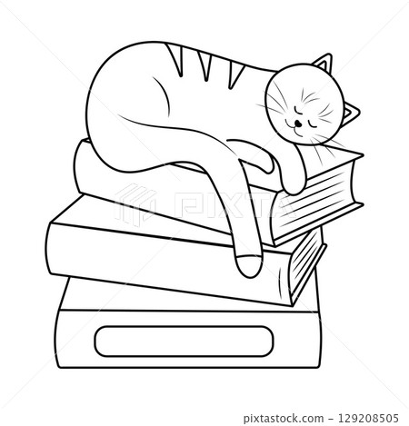 Cat sleeping on stack of books. Doodle line vector illustration Cat sleeping on stack of books. Doodle line vector illustration 129208505
