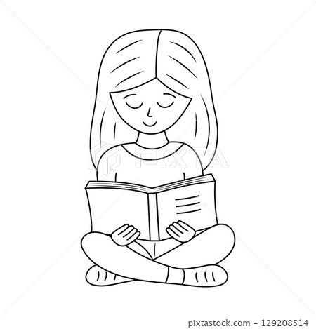 Girl sitting and reading book. Doodle line vector illustration Girl sitting and reading book. Doodle line vector illustration 129208514