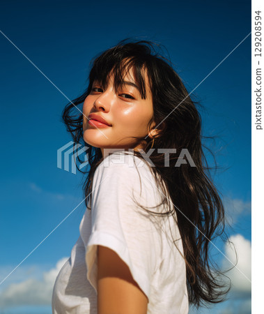 Woman in a white T-shirt and the summer sea | Refreshing beach portrait with a shining smile Woman in a white T-shirt and the summer sea | Refreshing beach portrait with a shining smile 129208594