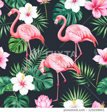 Seamless pattern of beautiful pink flamingos standing in water Seamless pattern of beautiful pink flamingos standing in water 129208601