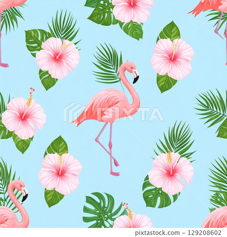 Seamless pattern with pink flamingos, flowers, and tropical birds, a vector illustration of nature and wildlife 129208602