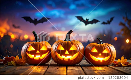 Spooky Halloween pumpkins with evil faces and flying bats in the dark night 129208604