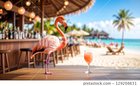 Pink flamingo bird on a tropical beach in the summer sun, a vector illustration of a flamingo silhouette by the sea 129208631