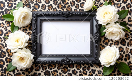 Vintage wedding photo frame decorated with a bouquet of pink roses and delicate leaves 129208632