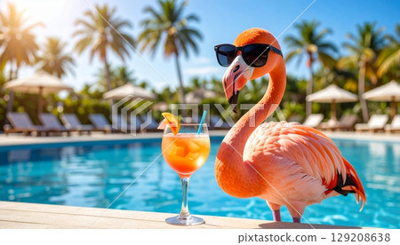 A pink flamingo wades in the clear water, its elegant neck and beak highlighted in the tropical sun A pink flamingo wades in the clear water, its elegant neck and beak highlighted in the tropical sun 129208638