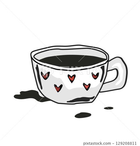 Black coffee cup icon in hand drawn style. Craft ceramic mug decorated with hearts. Doodle pretty coffee mug with spoiled coffee. Vector isolated illustration. Black coffee cup icon in hand drawn style. Craft ceramic mug decorated with hearts. Doodle pretty coffee mug with spoiled coffee. Vector isolated illustration. 129208811