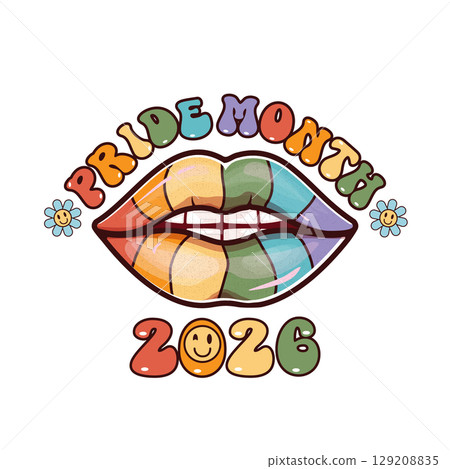 LGBT Pride month 2026 icon with lips colored in pride flag colors and open mouth with teeth and tongue. LGBT PRIDE MONTH 2026 icon and poster with groovy hipster woman open mouth isolated on white 129208835