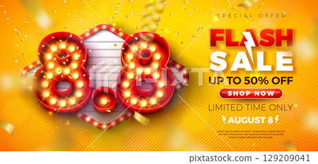 Flash Sale Shopping Day Banner Design with 3d 8.8 Light Bulb Billboard Number and Lightbox on Yellow Falling Confetti Background. Vector 8 August Special Offer Illustration for Coupon, Voucher, Flyer 129209041