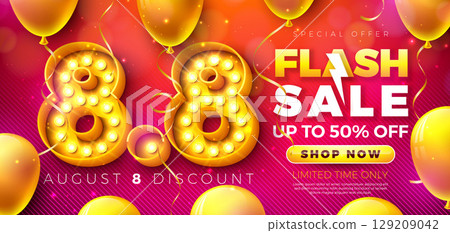 Flash Sale Shopping Day Banner Design with 3d 8.8 Light Bulb Billboard Number and Party Balloon on Red Background. Vector 8 August Special Offer Illustration for Coupon, Voucher, Flyer, Promotional Flash Sale Shopping Day Banner Design with 3d 8.8 Light Bulb Billboard Number and Party Balloon on Red Background. Vector 8 August Special Offer Illustration for Coupon, Voucher, Flyer, Promotional 129209042