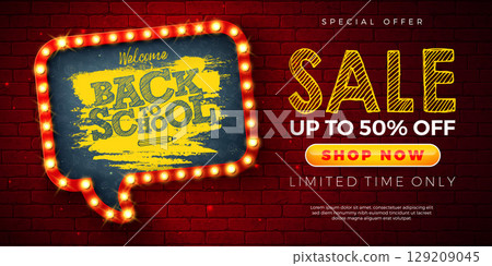 Back to School Sale Banner Design with Speech Bubble Shape Lightbox Chalkboard and Typography Lettering on Vintage Brick Wall Background. Vector Business Concept Illustration with Special Offer Text 129209045