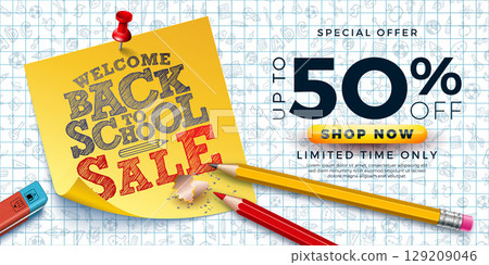 Back to School Sale Banner Design with Graphite Pencil and Sticky Notes on Checkered Notebook Hand Drawn Doodles Background. Vector Business Concept Illustration with Special Offer Text Elements for 129209046