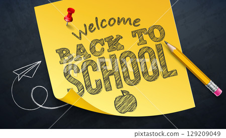 Back to School Illustration with Graphite Pencil on Sticky Notes and Hand Drawn Typography Lettering on Chalkboard Background. Vector Education, Learning and Knowledge Illustration with Hand Drawn Back to School Illustration with Graphite Pencil on Sticky Notes and Hand Drawn Typography Lettering on Chalkboard Background. Vector Education, Learning and Knowledge Illustration with Hand Drawn 129209049