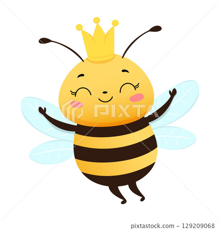 Cheerful queen bee with crown and blue wings smiling happily, colorful flat style, royalty and happiness 129209068