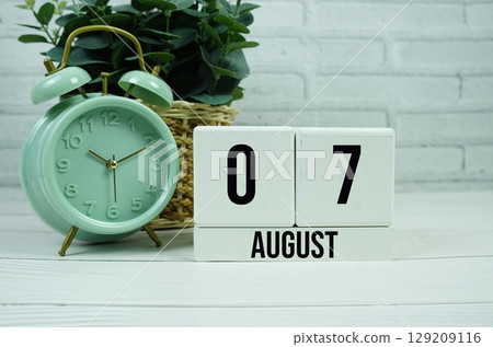Wooden Calendar Showing the Date of August 7th. Day 7 of August month 129209116