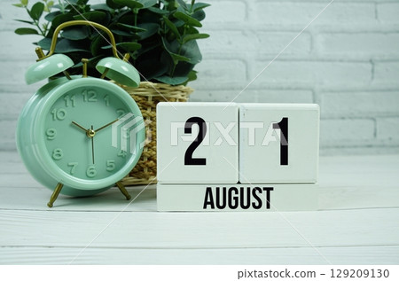 Wooden Calendar Showing the Date of August 21th. Day 21 of August month 129209130