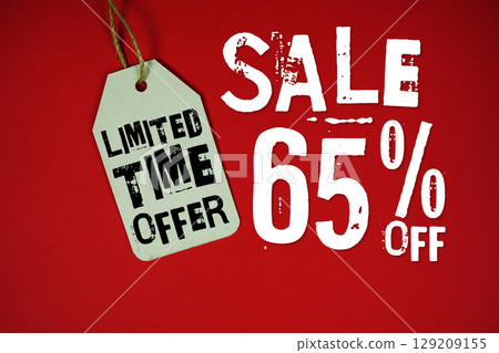 Sale 65% Off and Limited Time offer with Price Tag on red background 129209155
