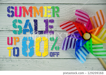 Summer Sale 80% off text with Colorful Windmill on wooden background Summer Sale 80% off text with Colorful Windmill on wooden background 129209168