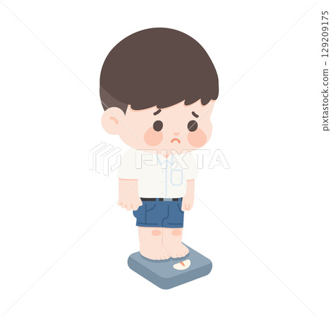Cartoon of Sad Boy on Scale 129209175