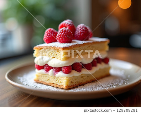 Mille-feuille Pastry with Raspberries and Powdered Sugar in Cafe Setting Mille-feuille Pastry with Raspberries and Powdered Sugar in Cafe Setting 129209281