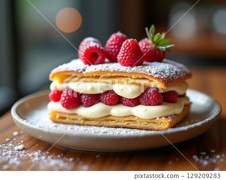 Layered Mille-feuille Pastry with Fresh Raspberries and Cream on a Plate Layered Mille-feuille Pastry with Fresh Raspberries and Cream on a Plate 129209283