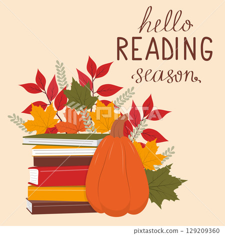 Hello reading season. Stack of books with pumpkin and autumn leaves.  129209360