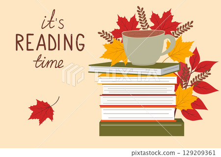 Vector illustration of a cozy autumn. Stack of books with a cup of hot chocolate or coffee on top, Vector illustration of a cozy autumn. Stack of books with a cup of hot chocolate or coffee on top, 129209361