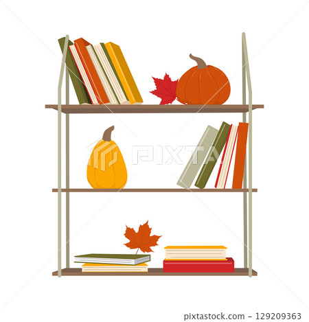 Bookshelf with books and pumpkins. Bookshelf with books and pumpkins. 129209363