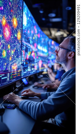 Data analyst in futuristic control center with interactive screens and predictive insights. Data scientist 129209491