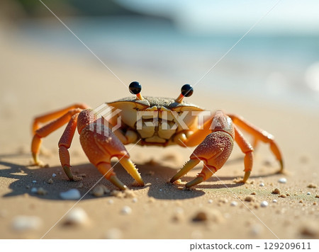 Direct View of an Asian Sand Crab with Googly Eyes on a Sunny Beach 129209611