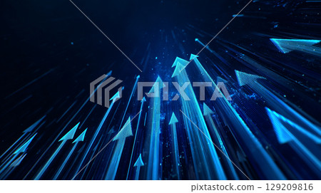A rising blue arrow indicates business growth and success 129209816