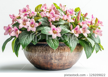 Big Weigela bush in rustic pot with fleshy leaves and pink flowers on a white background. Big Weigela bush in rustic pot with fleshy leaves and pink flowers on a white background. 129209822