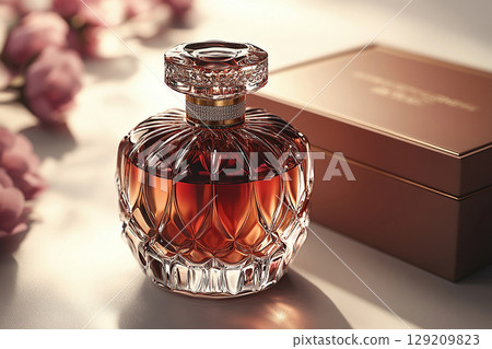 Glass perfume bottle featuring elegant gold detailing. Perfect for high-end perfume marketing. Glass perfume bottle featuring elegant gold detailing. Perfect for high-end perfume marketing. 129209823