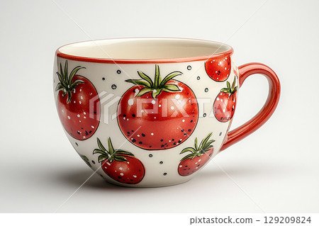Ceramic cup with a tomato pattern in a classic style on a white background. 129209824