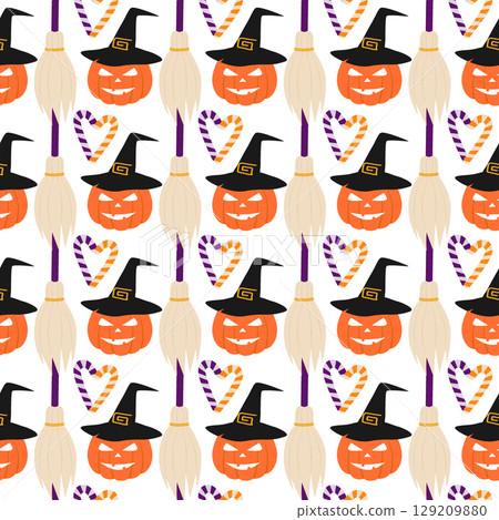 Halloween Pumpkin in Witch hat Striped Candy Canes shaped heart and Broom Seamless Pattern Backdrop Halloween Pumpkin in Witch hat Striped Candy Canes shaped heart and Broom Seamless Pattern Backdrop 129209880