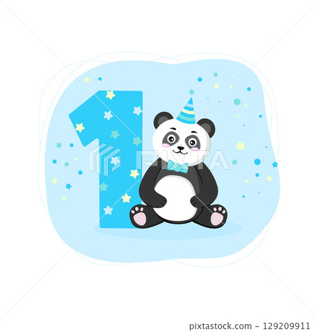 First Birthday card with panda boy. Birthday invitation for boy 1 year. Banner with cute panda for baby banner, baby shower invitation, birthday card, social media, wallpaper, website. 129209911