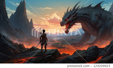 RPG奇幻遊戲夾克風龍與戰士的會面場景 129209925