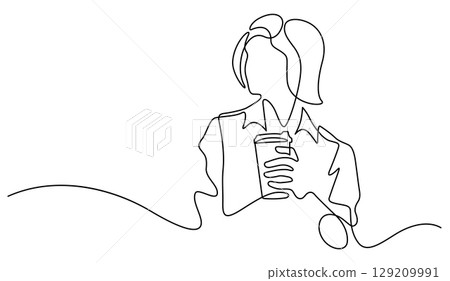 woman holding coffee cup relaxation pose one line drawing 129209991