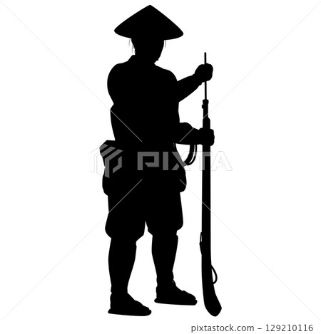 A foot soldier loading a matchlock gun A foot soldier loading a matchlock gun 129210116