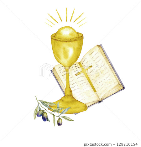 Chalice, open Bible and olive branch. Isolated. Watercolor illustration, catholic religious symbols. For first communion, wedding, baprism greeting card, invitation. Hand drawn Chalice, open Bible and olive branch. Isolated. Watercolor illustration, catholic religious symbols. For first communion, wedding, baprism greeting card, invitation. Hand drawn 129210154